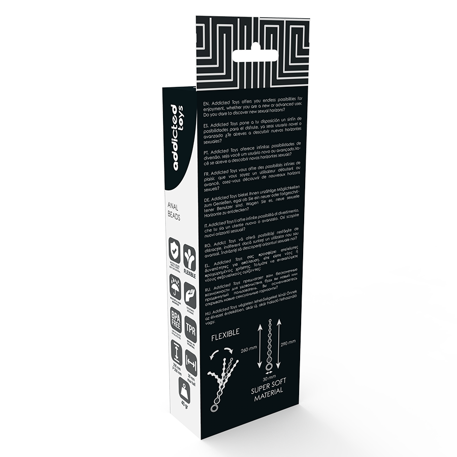 Dos du coffret avec caractéristiques des perles anales Addicted Toys