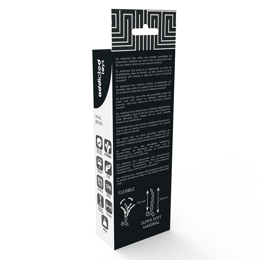 Dos du coffret avec caractéristiques des perles anales Addicted Toys