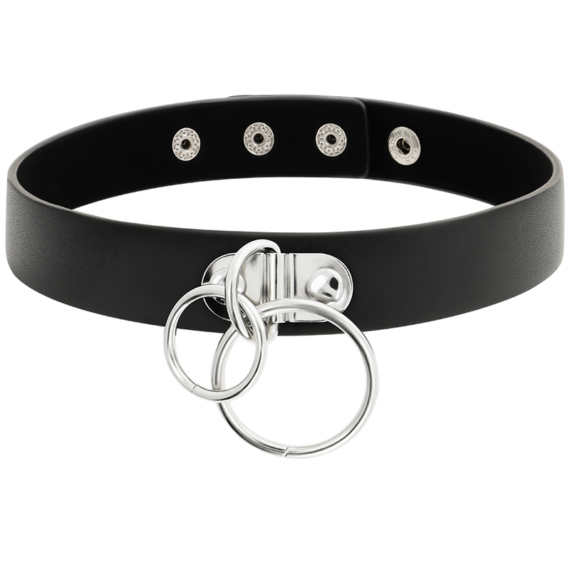 Vue de face du collier noir réglable avec deux anneaux métalliques argentés et fermeture à pressions