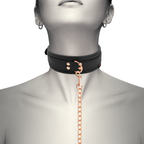 Collier fantaisie noir et sa laisse présentés sur mannequin pour illustrer son positionnement