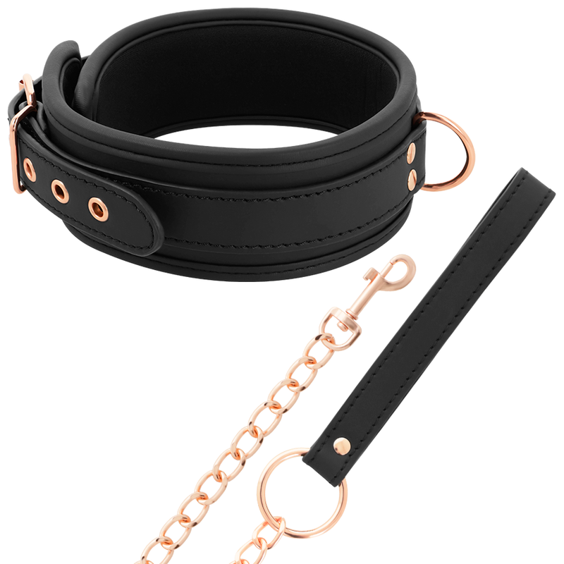 Collier BDSM noir Coquette Chic Desire avec laisse à chaîne métallique cuivrée et poignée assortie, vue d'ensemble