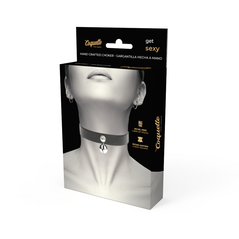 Face de la boîte Coquette Chic Desire du collier noir à grelot argenté