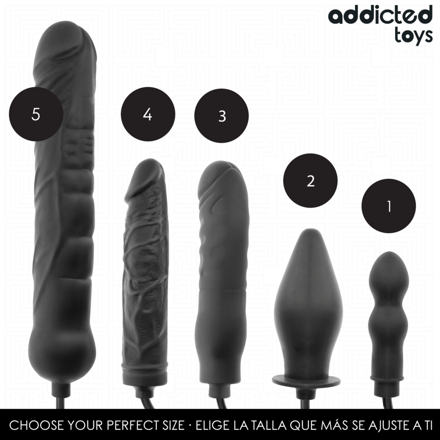 Comparatif des cinq tailles d’accessoires gonflables Addicted Toys avec Modèle 5 XL
