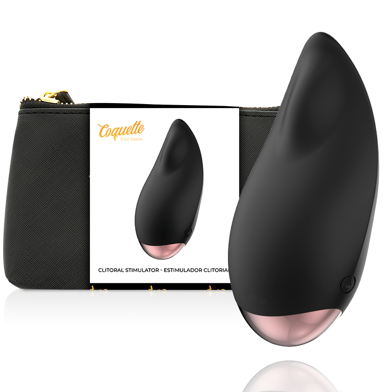 Stimulateur clitoridien noir et or Coquette Chic Desire présenté devant sa pochette zippée