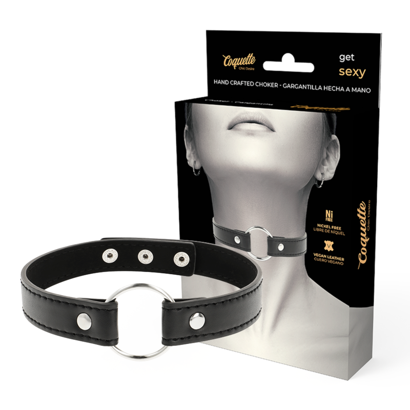 Collier ras-de-cou noir Coquette Chic Desire avec anneau argenté et son coffret