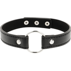 Collier noir en cuir végan avec anneau central et trois boutons-pression, vue seule