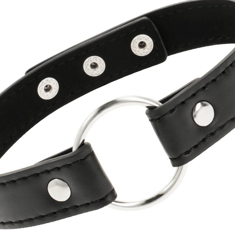 Gros plan des trois boutons-pression réglables et de l’anneau argenté du collier noir