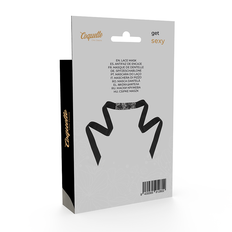 Verso de l'emballage avec code-barres du masque en dentelle noire Coquette Chic Desire