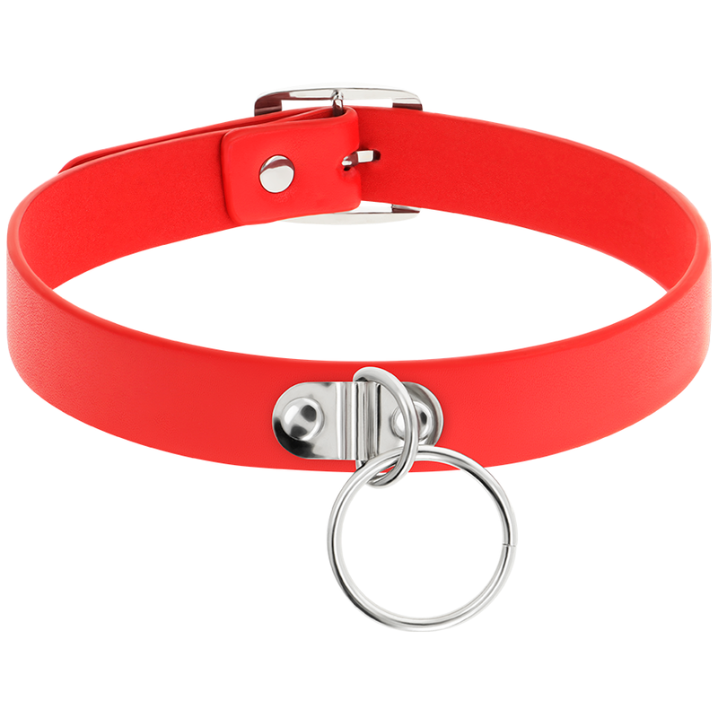Collier ras-de-cou rouge à anneau argenté, vu de face sur fond blanc