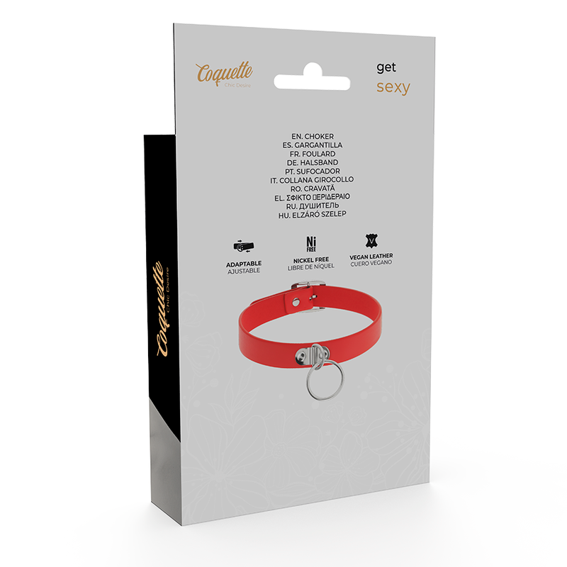 Dos de l'emballage du collier rouge Coquette Chic Desire avec pictogrammes matières