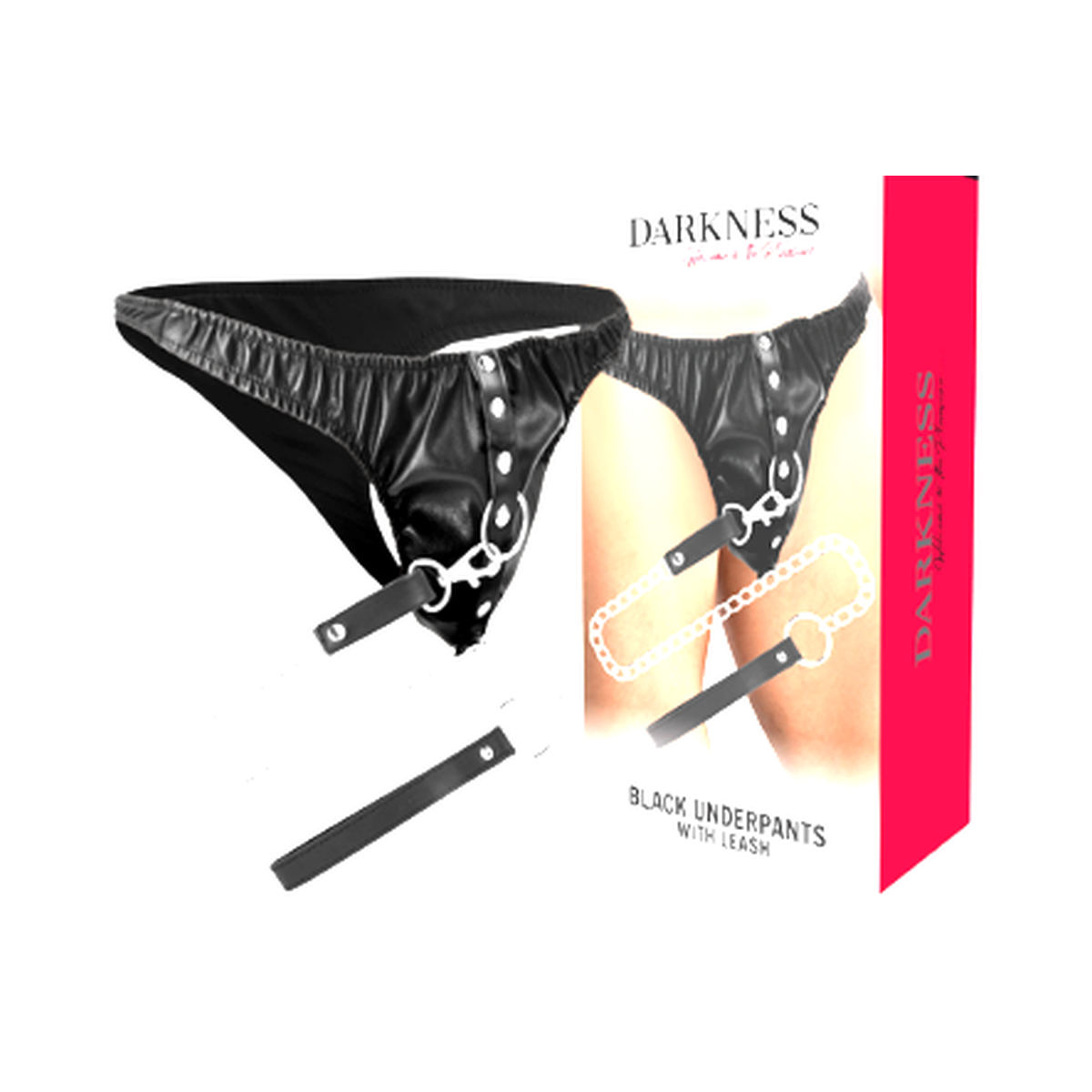 Packaging du string de soumission Darkness avec chaîne métal et laisse détachable