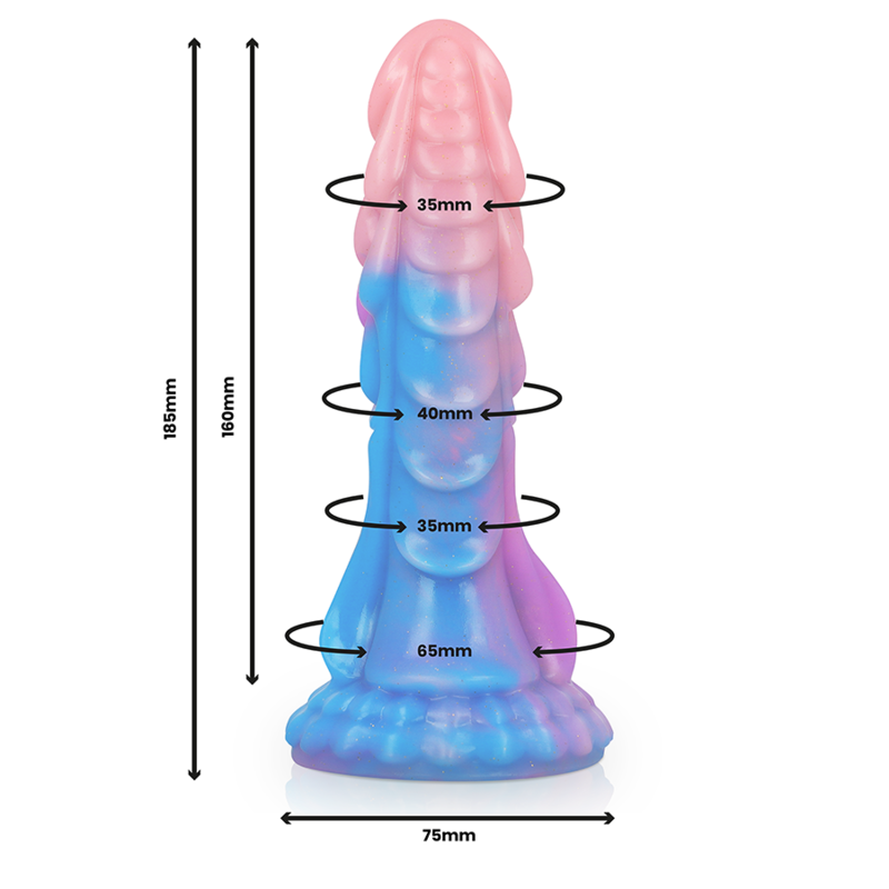 Dimensions du gode fantasy Ashtar Epic : 18,5 cm et base de 7,5 cm