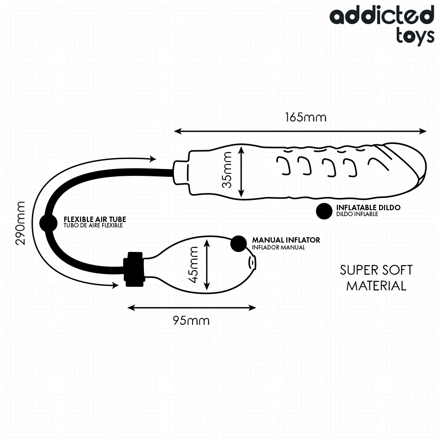 Dimensions du godemichet gonflable Addicted Toys Modèle 3 et de sa pompe manuelle