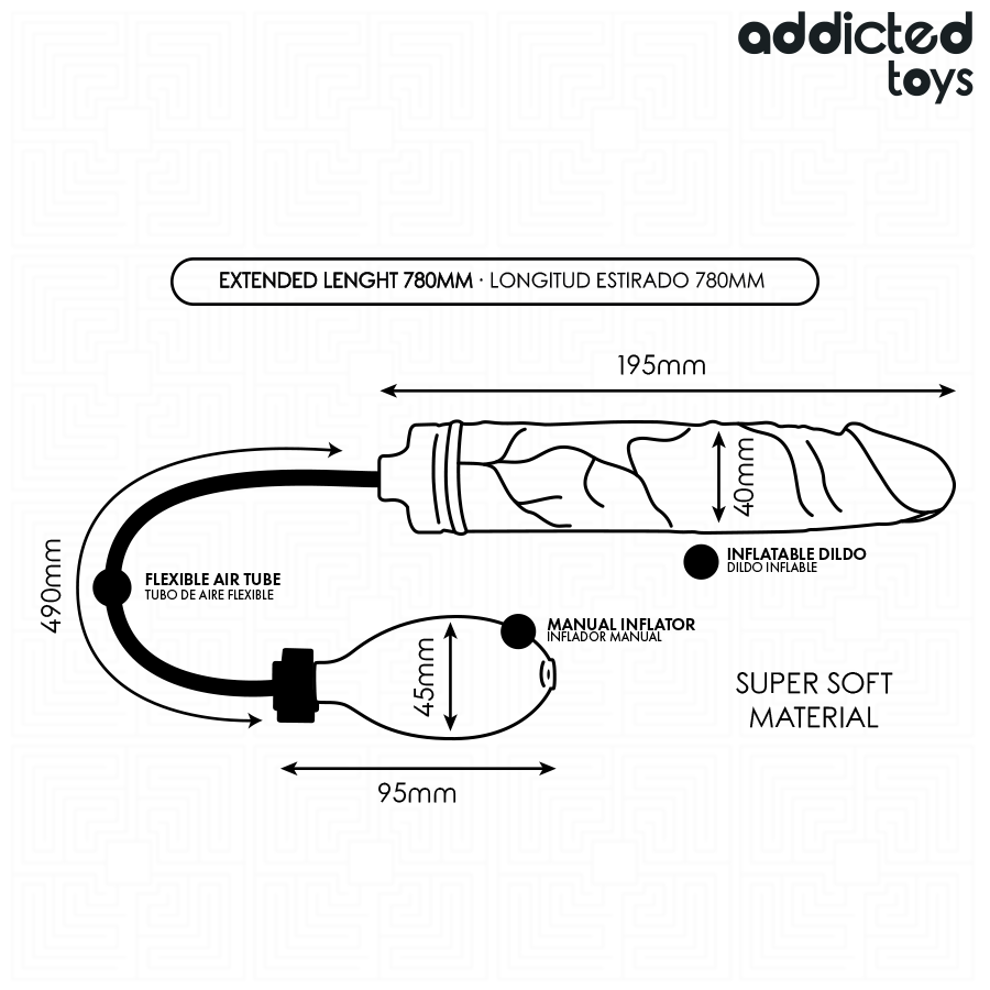 Dimensions du godemichet gonflable Addicted Toys Modèle 4, du tube et de la pompe