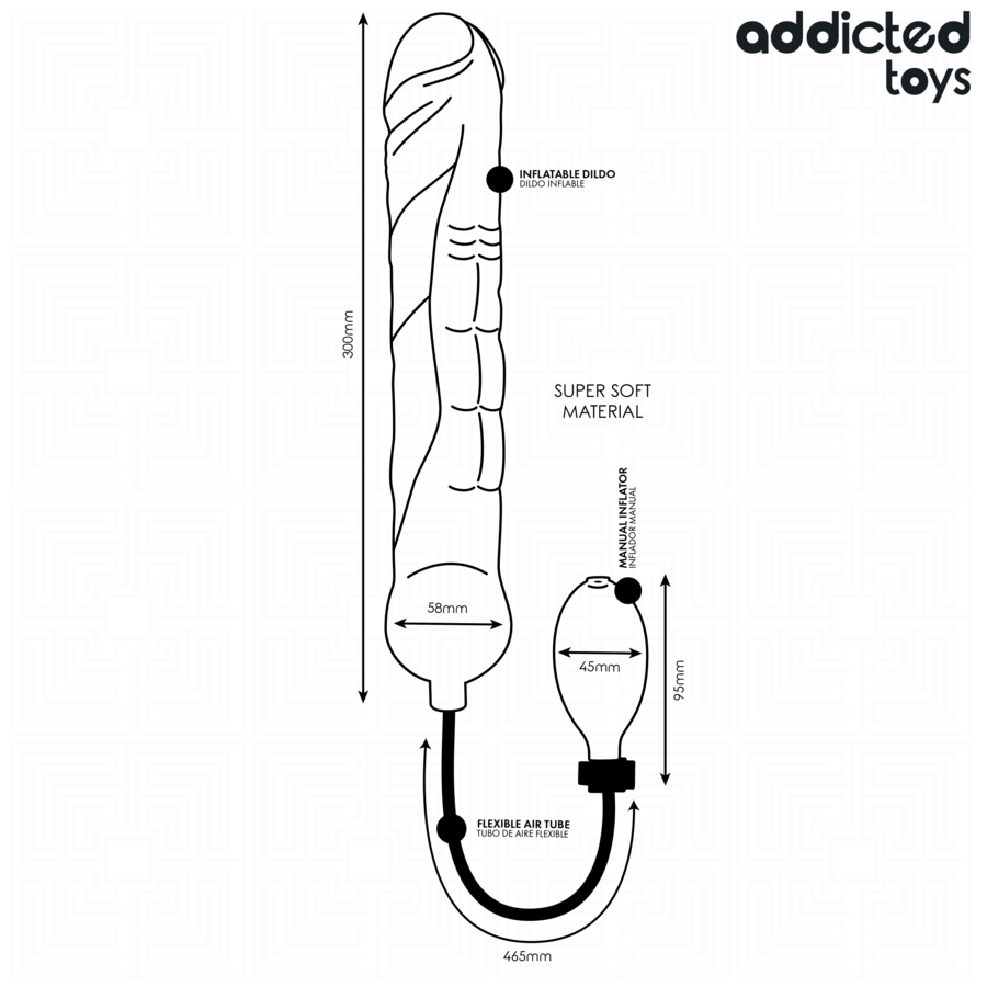 Dimensions du godemichet gonflable XL Addicted Toys Modèle 5 et de sa poire manuelle