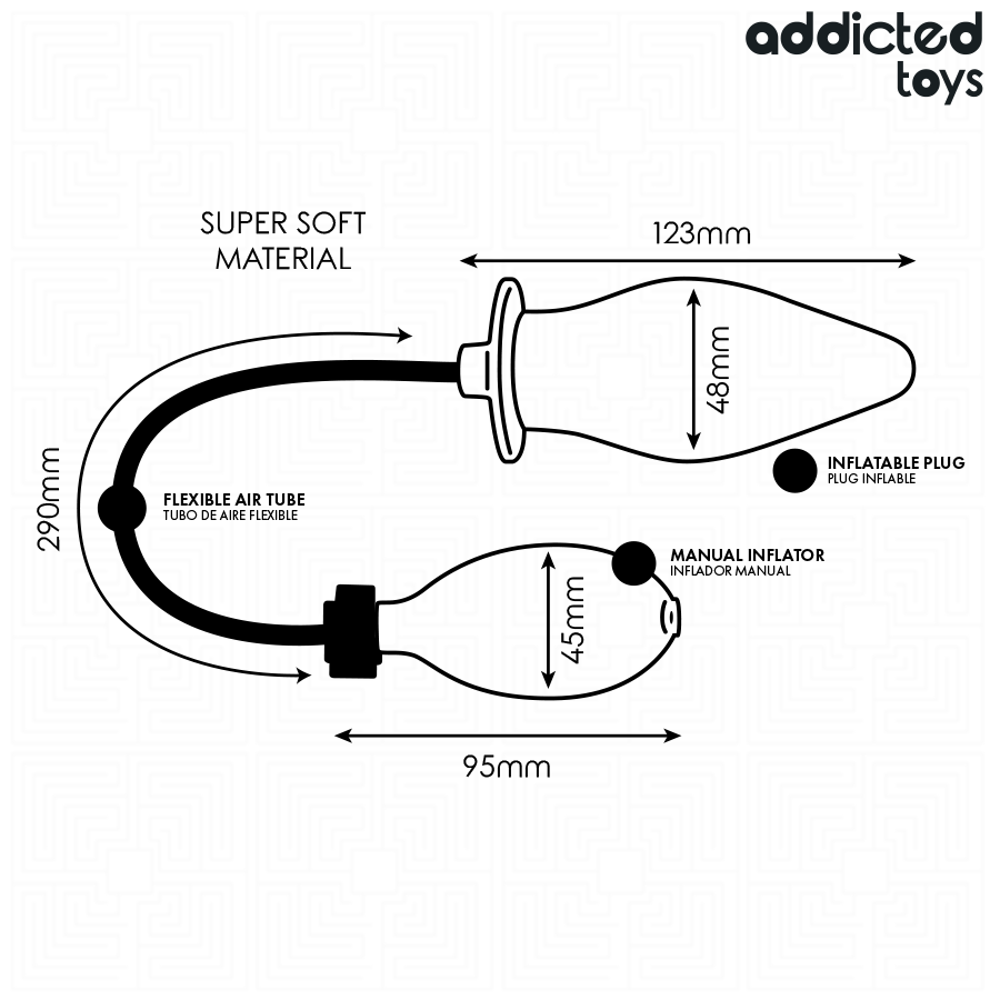 Dimensions du plug anal gonflable Addicted Toys Modèle 2 et de sa pompe manuelle