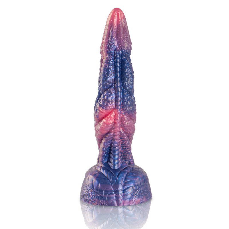 Dionysus Epic – gode fantasy en silicone rose, bleu et violet avec base ventouse, vue de face