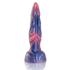Dionysus Epic – gode fantasy en silicone rose, bleu et violet avec base ventouse, vue de face
