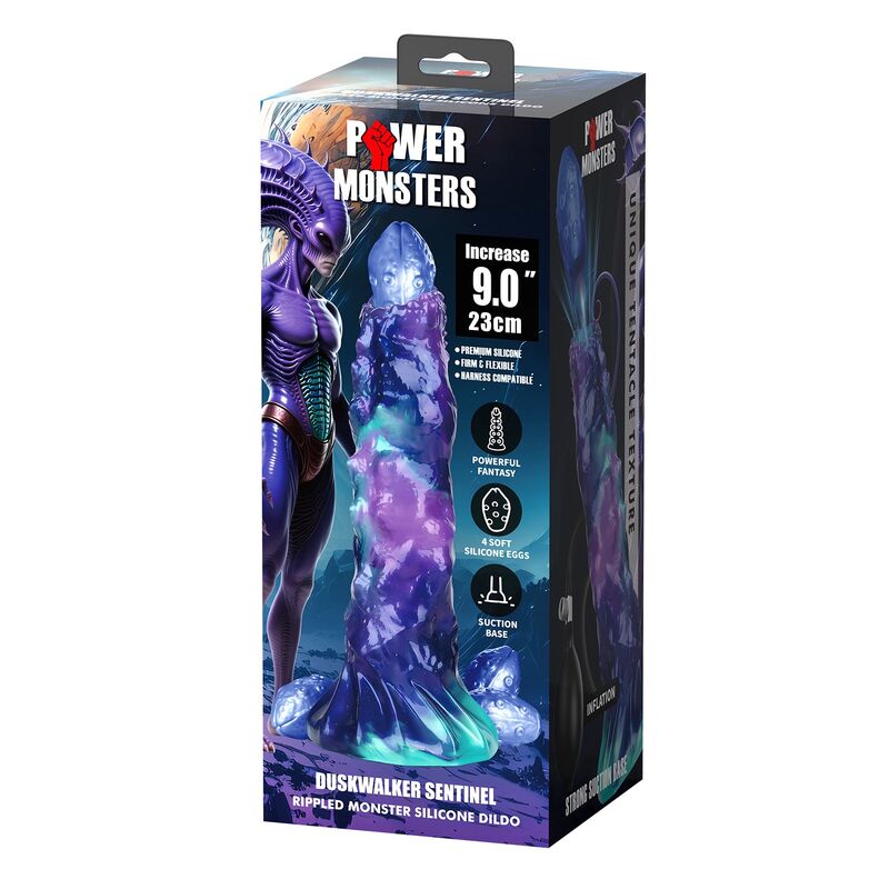 Emballage Power Monsters Duskwaker Sentinel indiquant silicone premium, texture fantasy, 4 œufs souples et base ventouse