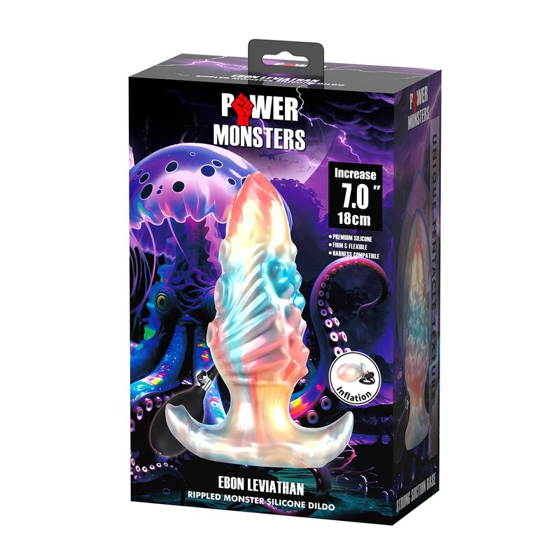 Coffret Power Monsters Ebon Leviathan – plug anal fantasy gonflable en silicone tricolore