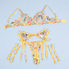 Ensemble lingerie floral jaune Subblime à plat avec jarretelles détachables