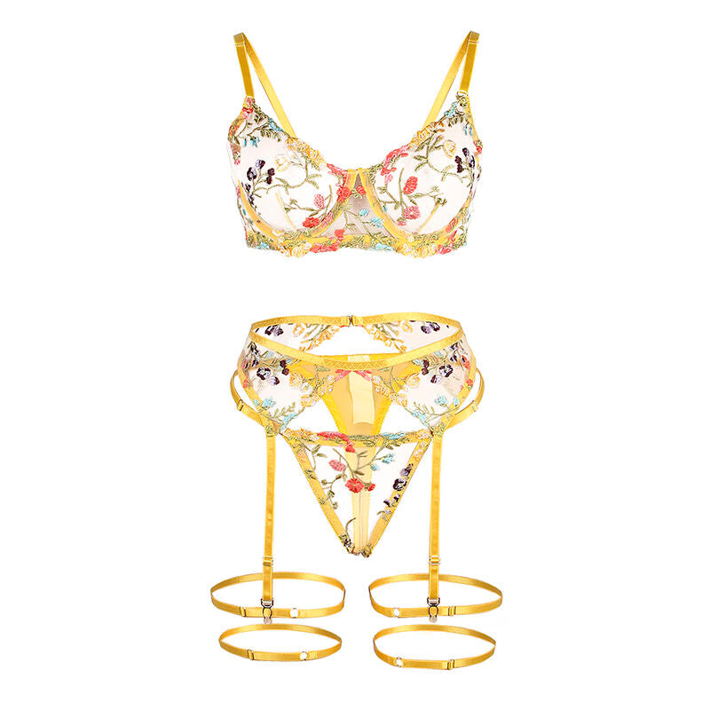 Ensemble lingerie floral jaune Subblime présenté complet avec soutien-gorge string et porte-jarretelles