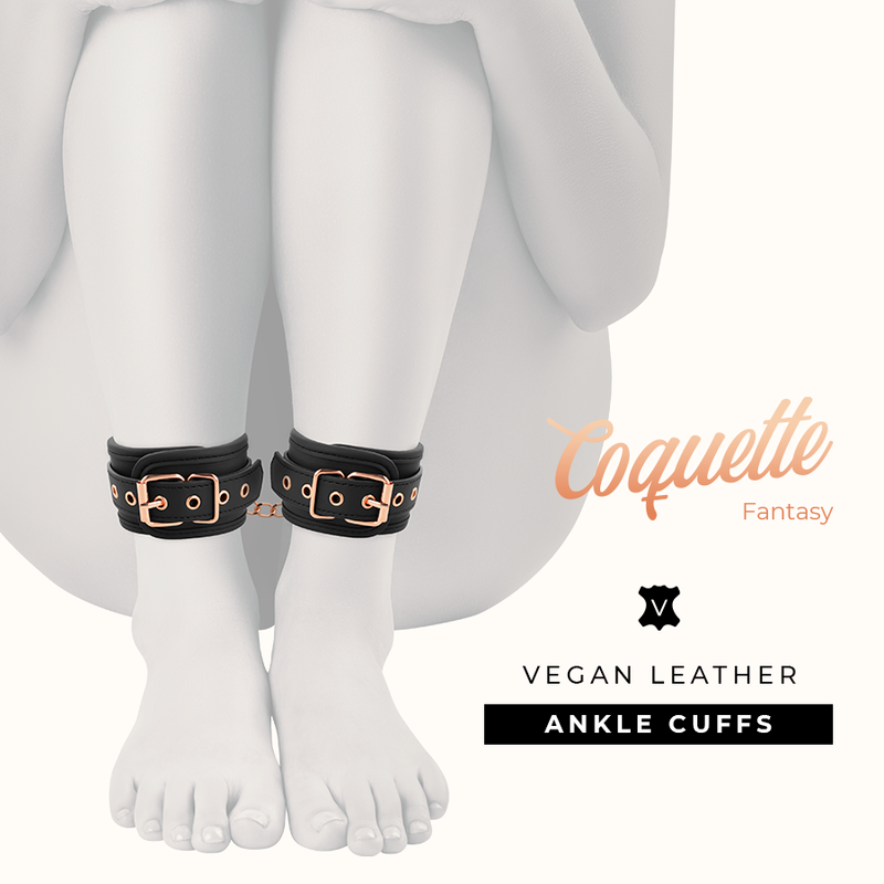 Présentation des manchettes de chevilles Coquette Fantasy en cuir végan et néoprène, avec détails cuivrés