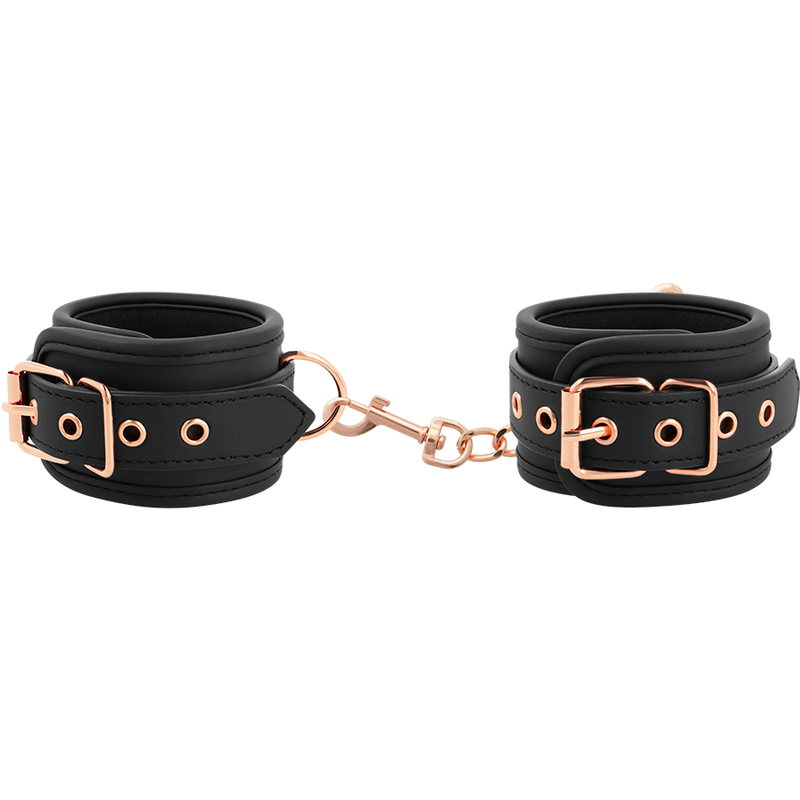Entraves de chevilles Fantasy Coquette Chic Desire noires en cuir végan, doublure néoprène et chaîne cuivrée, vue de face