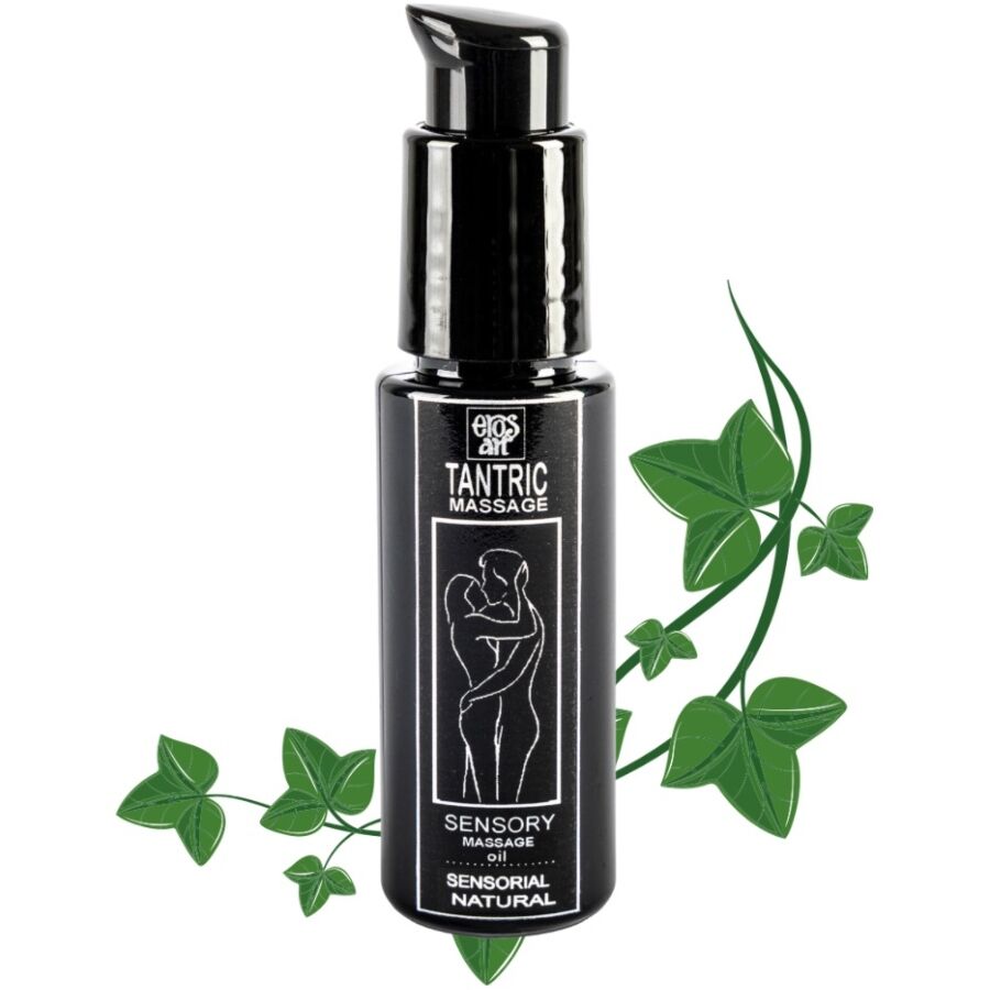 Flacon noir Eros-Art d’huile de massage tantrique neutre 30 ml avec feuillage vert