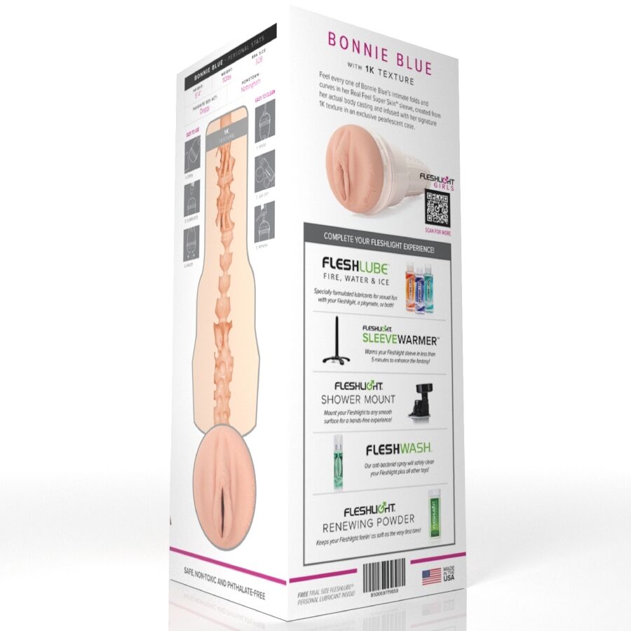 Dos de la boîte Fleshlight Bonnie Blue 1K avec schéma de texture et accessoires