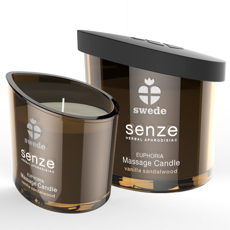 Bougie de massage Senze Euphoria Swede 50 ml parfum vanille et bois de santal, pot en verre brun et couvercle noir