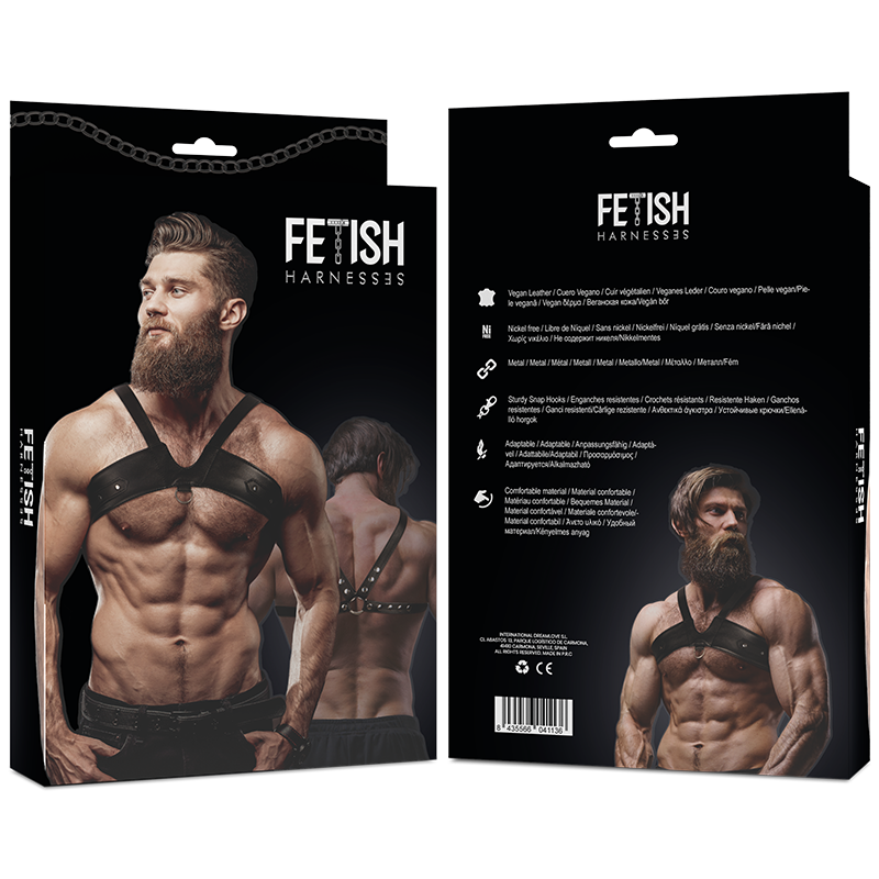 Packaging harnais poitrine homme cuir vegan noir à rivets – Fetish Submissive