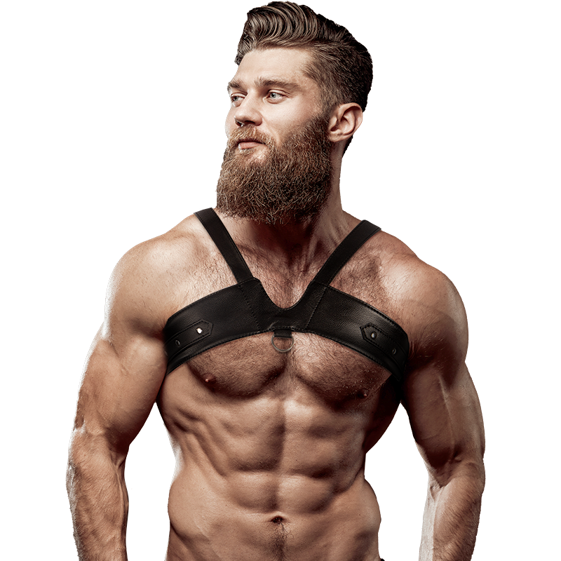 Harnais poitrine homme noir en cuir vegan à rivets porté de face – Fetish Submissive