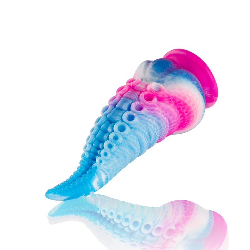 Gros plan sur les reliefs tentaculaires du plug fantasy Phorcys bleu et rose