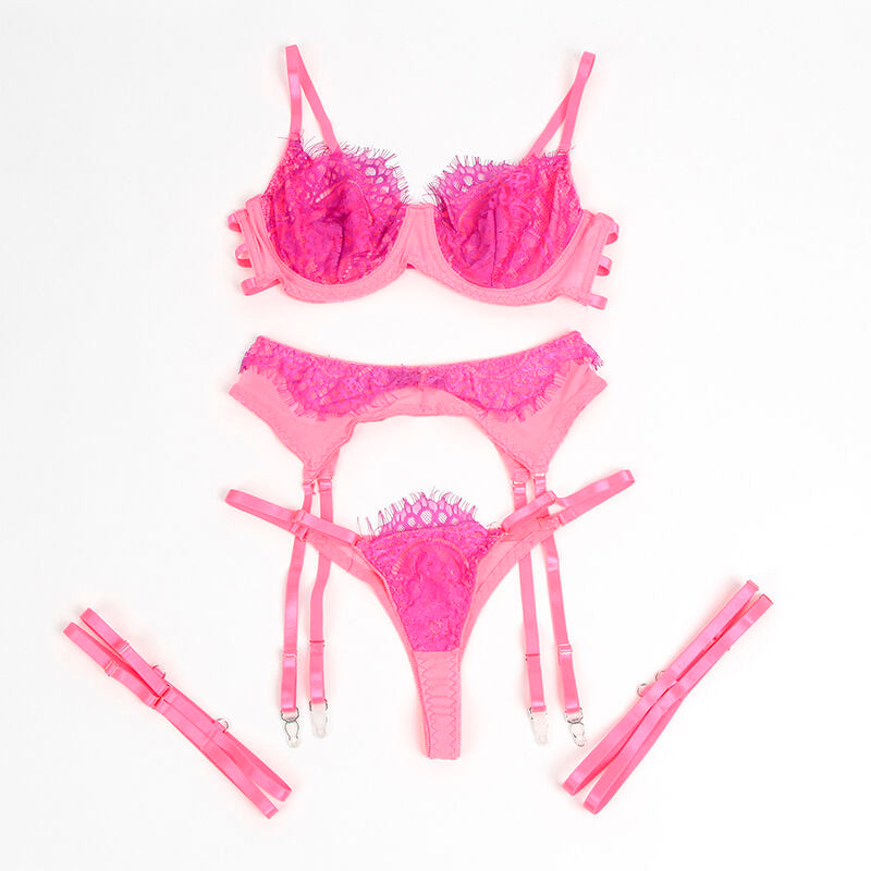 Ensemble complet lingerie Subblime avec soutien-gorge bas et jarretelles rose violet