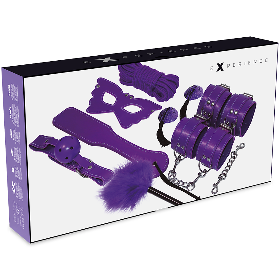 Accessoires du coffret BDSM violet avec masque et attaches