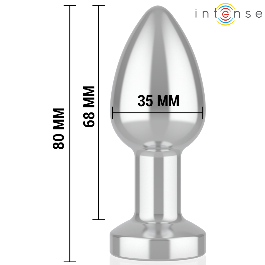 Dimensions du plug anal Intense taille S : 80 mm, insertion 68 mm, diamètre 35 mm