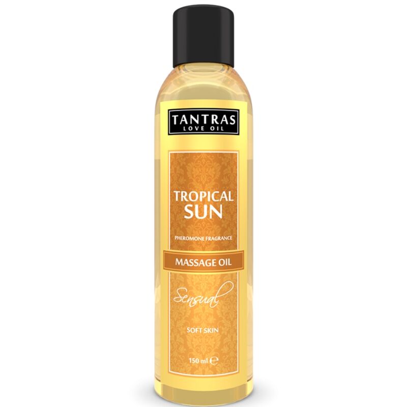 Flacon Tantras Love Oil Tropical Sun 150 ml, huile de massage Intimateline au bouchon noir