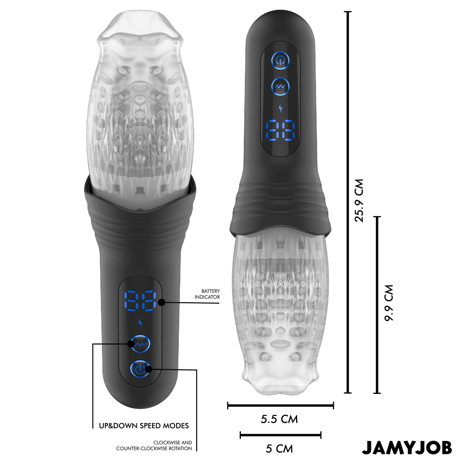 Dimensions et écran LED du masturbateur automatique Blow-R Jamyjob