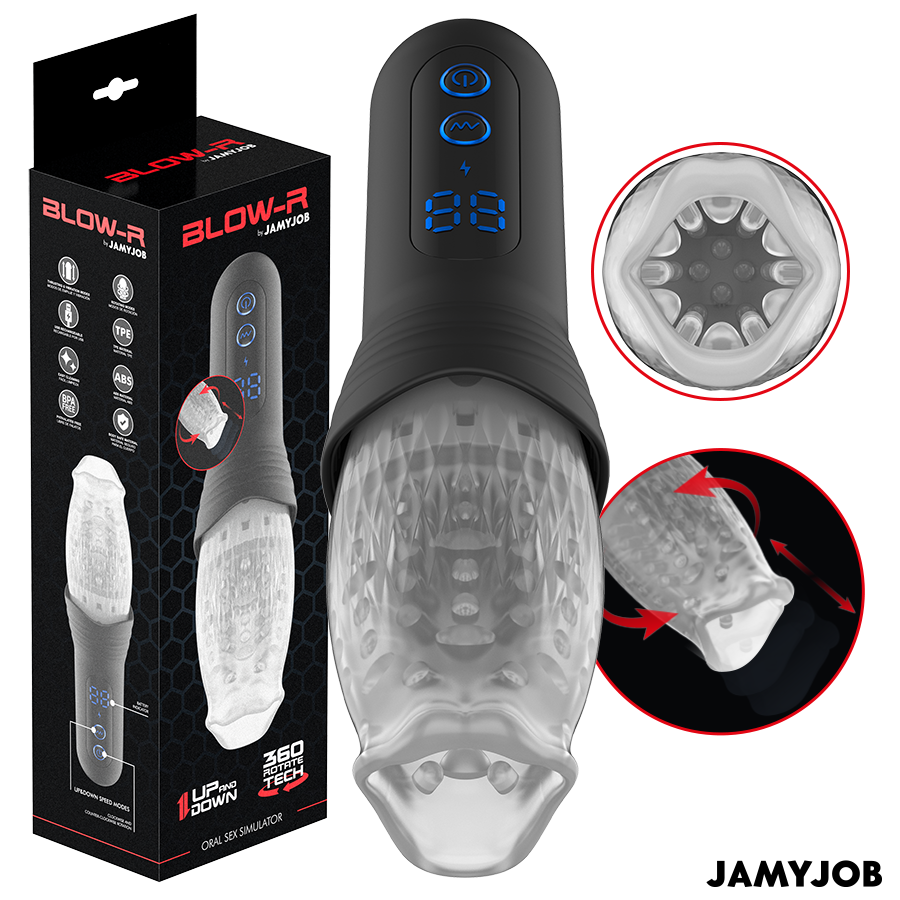 Masturbateur automatique Blow-R Jamyjob noir et transparent avec son coffret