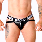 Détail avant du jockstrap homme noir effet cuir Macho