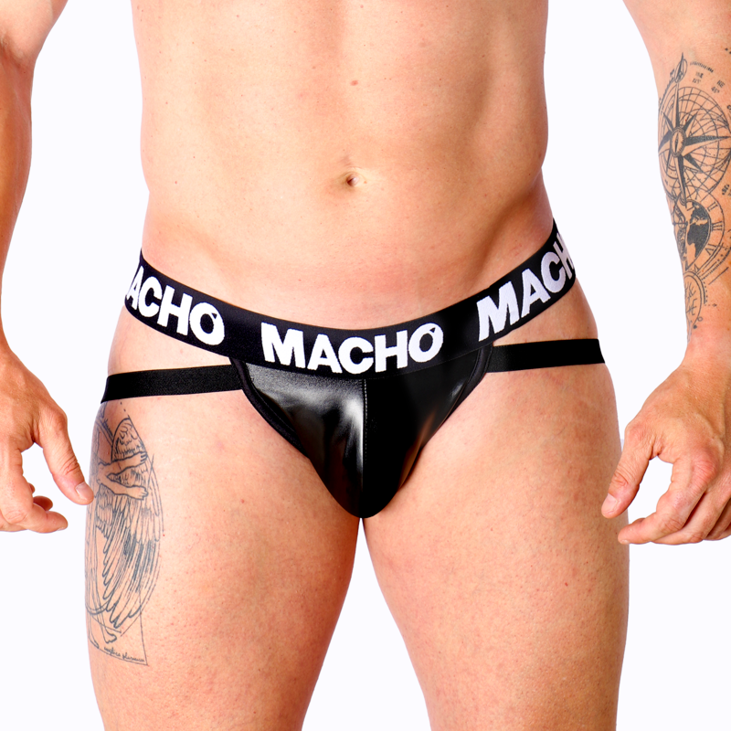 Détail avant du jockstrap homme noir effet cuir Macho