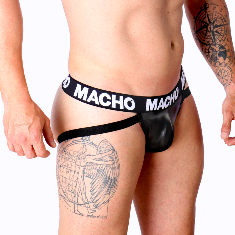 Détail côté du jockstrap homme noir effet cuir Macho