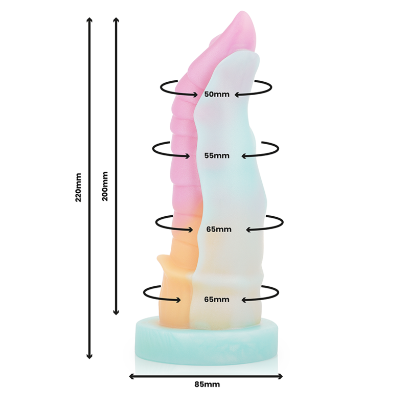 Dimensions du gode fantasy Kelpie Epic : 22 cm de longueur totale, 20 cm insérables et base de 85 mm