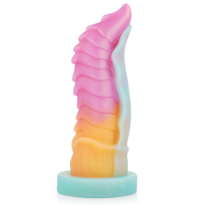 Vue complète du gode fantasy Kelpie Water Spirit Epic 22 cm en silicone rose, jaune et bleu clair avec ventouse