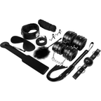 Contenu du kit BDSM Experience série noire avec attaches, masque, corde et accessoires