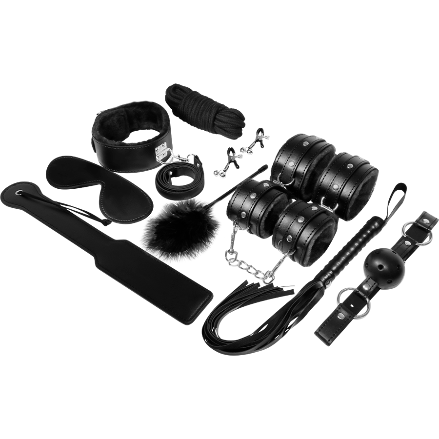 Contenu du kit BDSM Experience série noire avec attaches, masque, corde et accessoires