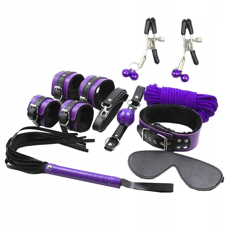 Accessoires du kit BDSM Secretplay violet et noir avec menottes, corde, masque et fouet