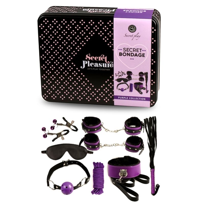 Kit bondage Secretplay violet et noir 8 pièces avec coffret métallique