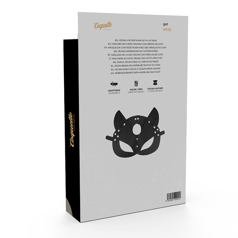 Dos de l'emballage du masque à oreilles de chat avec indications cuir végan et ajustable